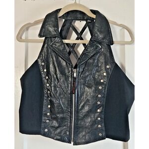 Vintage VANCE leathers usa studded biker vest lattice back collared woman XL